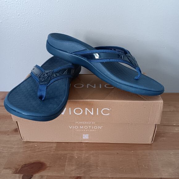 Vionic Tide Toe Post Women's Orthotic Sandals, Patent Leather Navy, Size US 8M - Picture 1 of 9